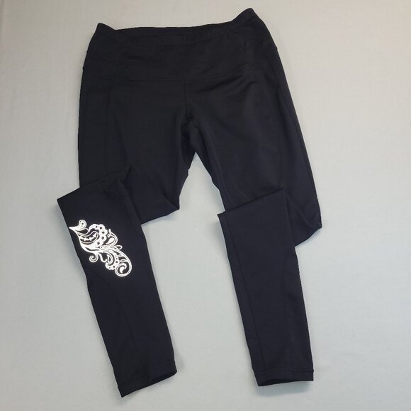 Athleta Yoga Pants Women Size MT Black Zip Back Pocket Floral Design Leggings - Picture 1 of 16